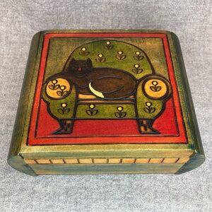 Secret Opening Box Cat on Chair Handmade Wood Trick Puzzle Keepsake from Poland